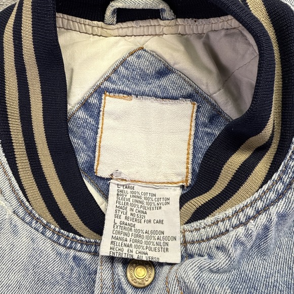Vintage 90s Denim Varsity Bomber Jacket Large Tan Sleeves Quilt Lined Stone Wash - Picture 2 of 10